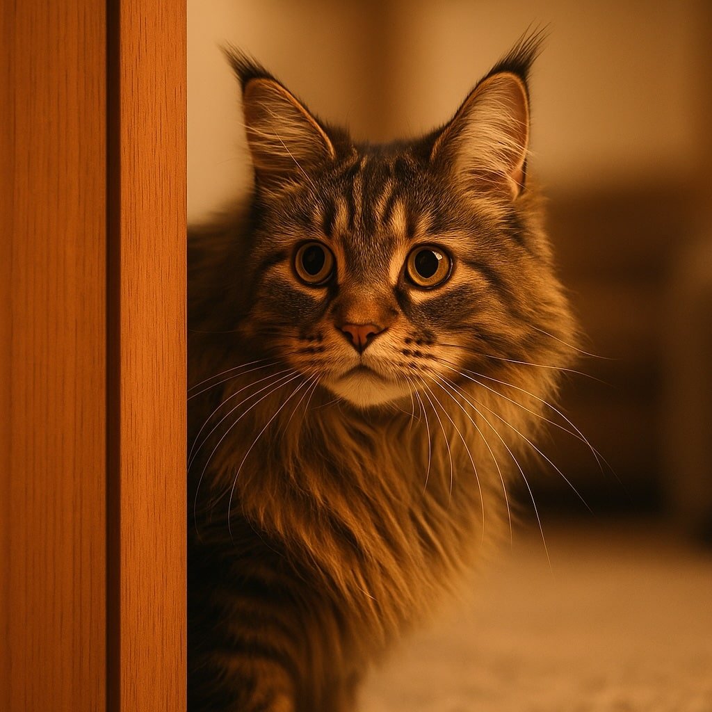 Picture of a Maine Coon cat hiding behind a door.