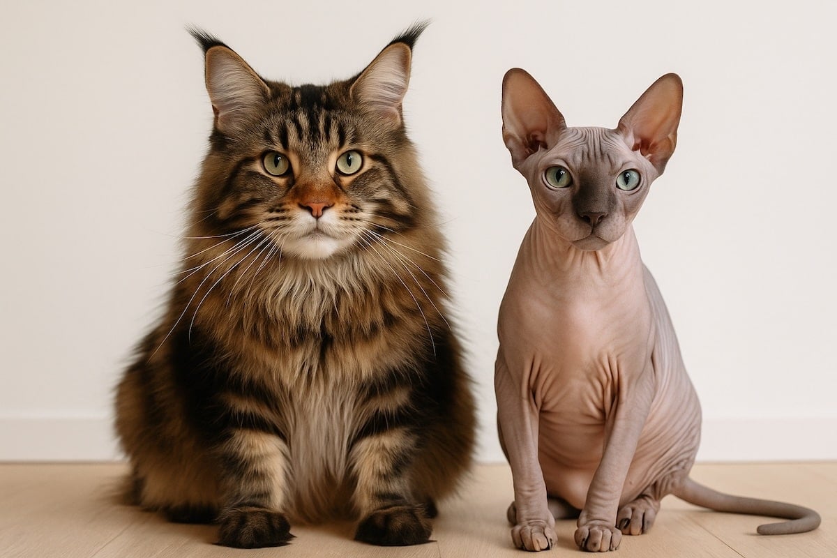 Maine Coon cat sat next to Sphynx cat