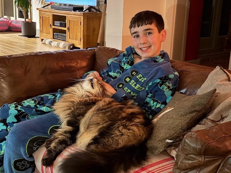 My son, Zachary, sitting on a sofa with Bali our Maine Coon cat laying on him 800x600