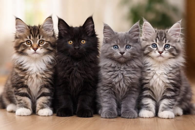Four Maine Coon Kittens of different colorings - Image created by chatgpt 20th January 2026 - 800x533cp