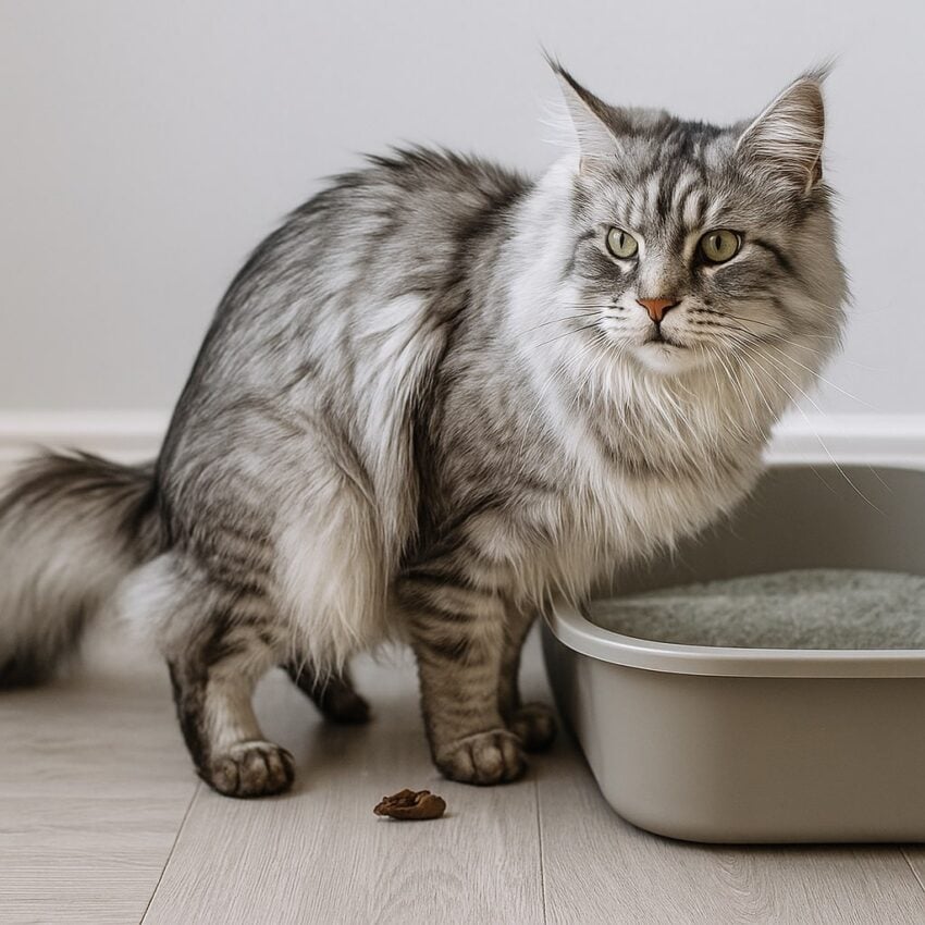 Silver tabby Maine Coon cat stood next to litter tray, with poop on the floor